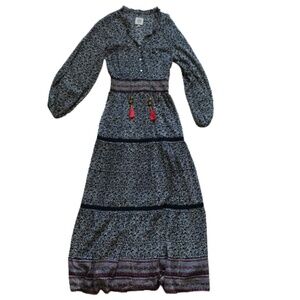 Bell Gracie Maxi Dress Womens Medium Navy Blue White Tasseled Tiered Long Sleeve
